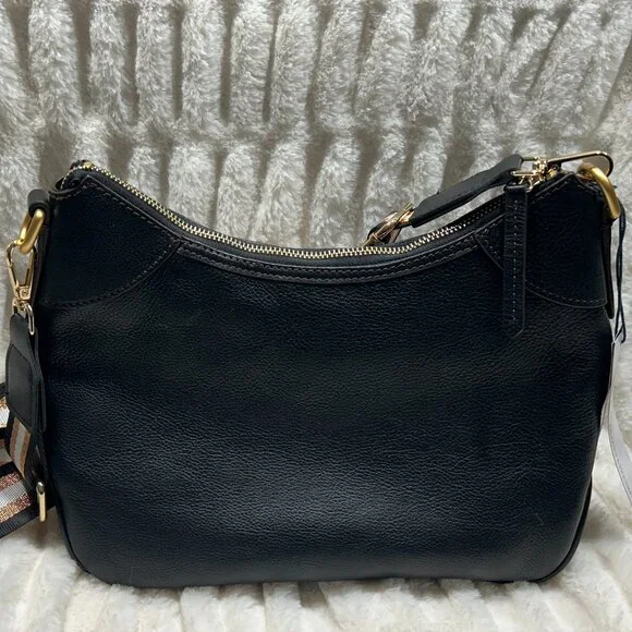 Dooney & Bourke Black Pebble Grain Zip Sac w/ With Custom Striped Web Strap - Picture 2 of 11